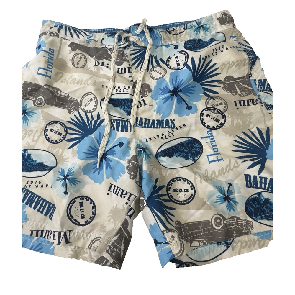 Caribbean Joe L Board Shorts Swim Trunks Lined Vintage Cars Miami Bahamas Floral